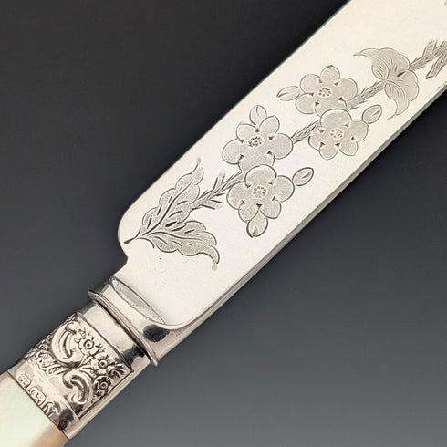 Circa 1890 British antique white mother-of-pearl handles, pure silver decoration, dessert cutlery, 6 pairs, Allen & Darwin